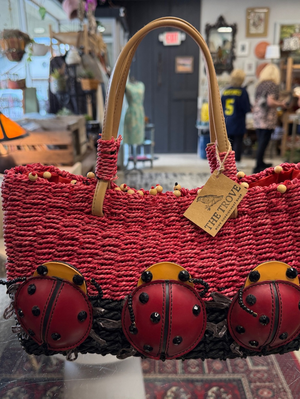 Michael Simon Red Woven Tote with Ladybug Accents and Tan Handles